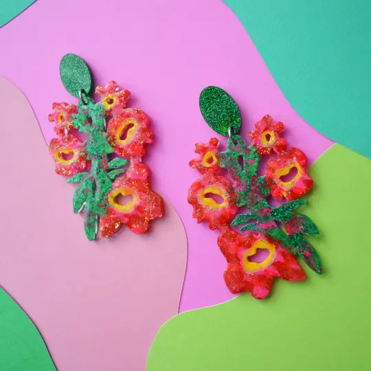 Pink and Green Laser Cut Resin Flower Statement Earrings
