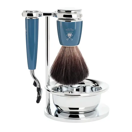 MÜHLE RYTMO 4 Pc. Shaving Set, Black Fibre Brush & Gillette® Mach3® Razor, Petrol