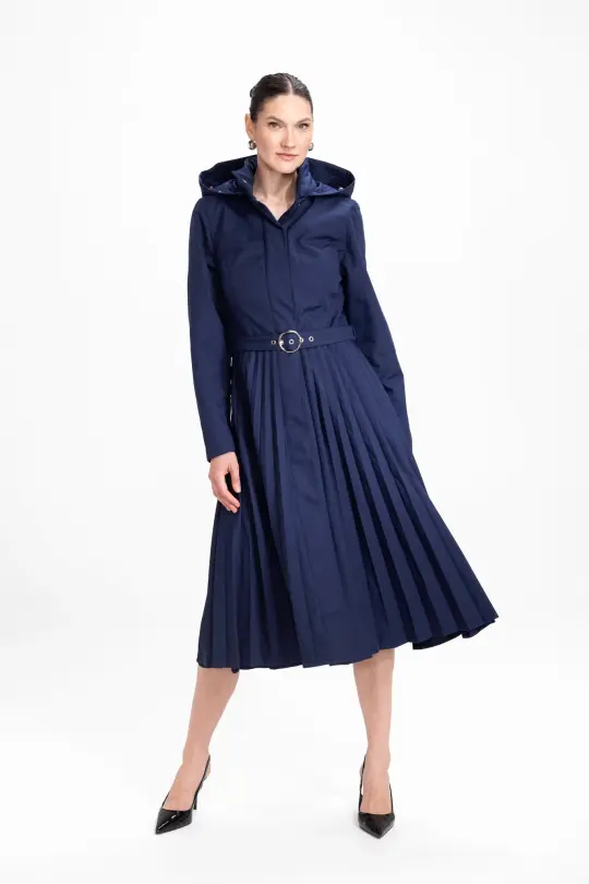Fit and Flare Blue Womenâ€™s A-Line Coat with Pleated Skirt | Blue Serenade