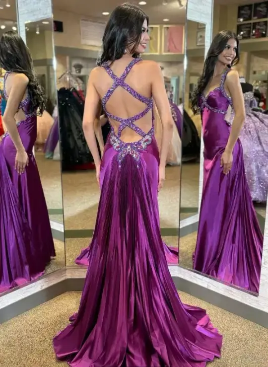 Sparkly Open-Back Women's Prom Gown Deep Purple Waist Fitted Maxi Evening Dress Birthday Dress — Fall Outfit 2026 New  RS3385