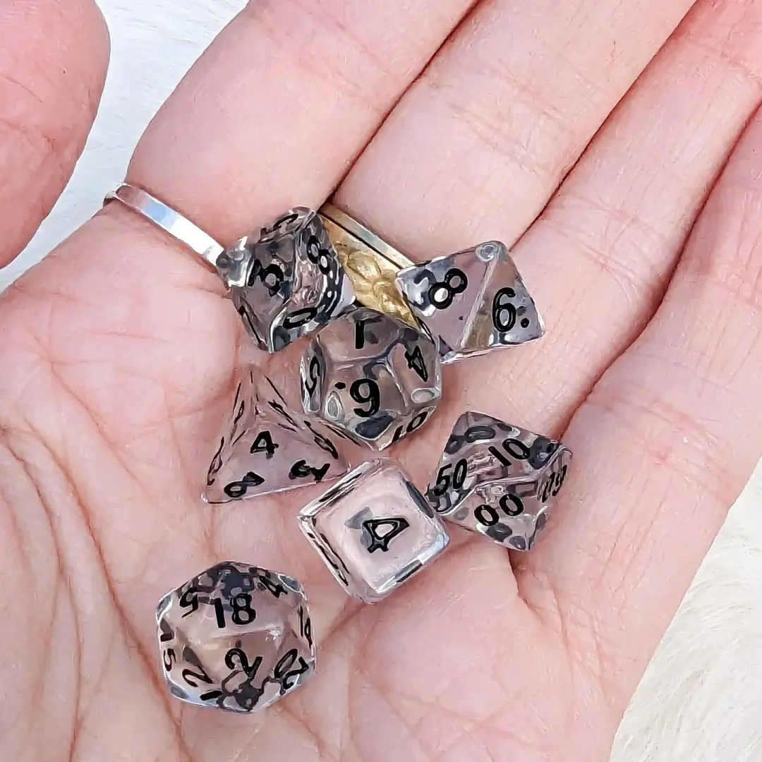Clear Mini Dice Set. 7 Piece Polyhedral DND Dice