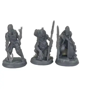 Unpainted 32mm 3D-printed fish men trio with spears, claws and cloaks — tabletop RPG miniatures for D&D, Pathfinder & wargaming