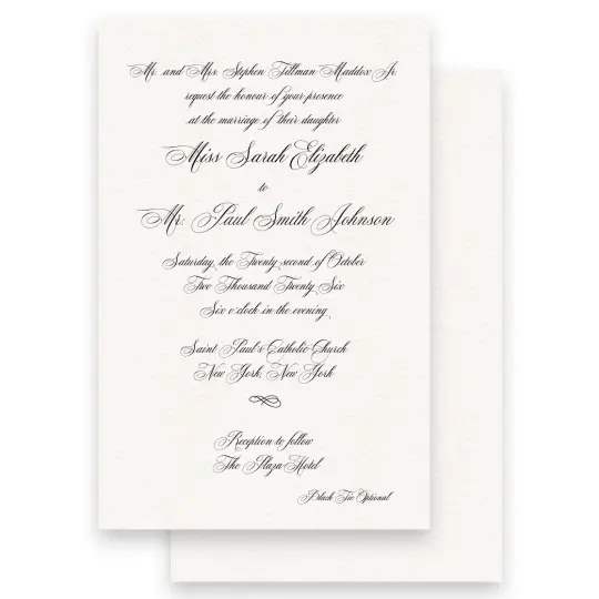 Simple Black Traditional Mozart Script Font with Attire Included Wedding Invitation