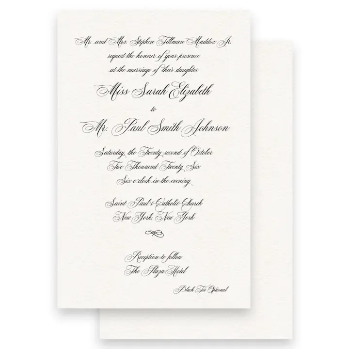 Simple Black Traditional Mozart Script Font with Attire Included Wedding Invitation