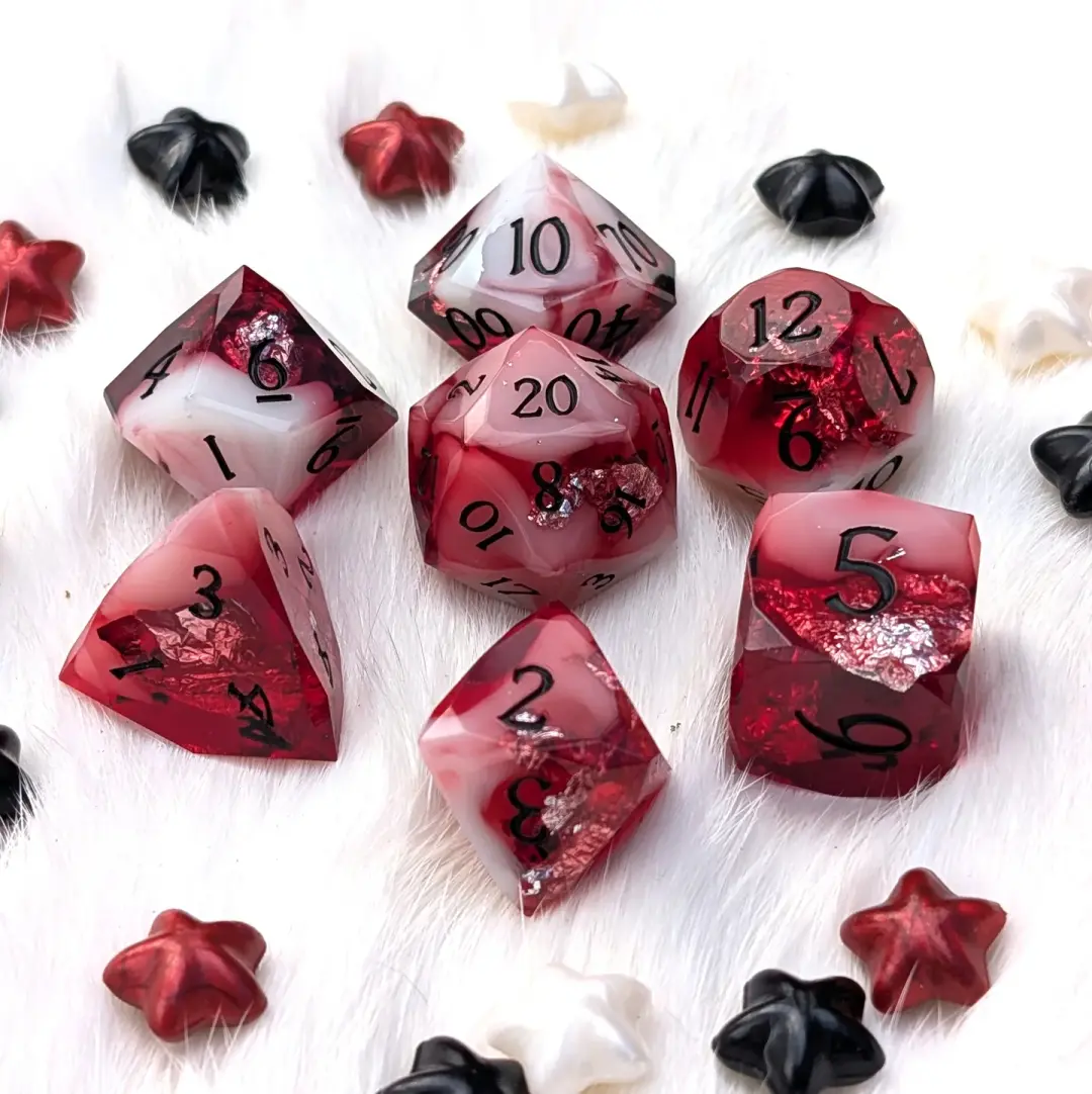 Red Diamond Cut DnD Dice Set - White Cloud & Silver Foil - Scarlet Specter