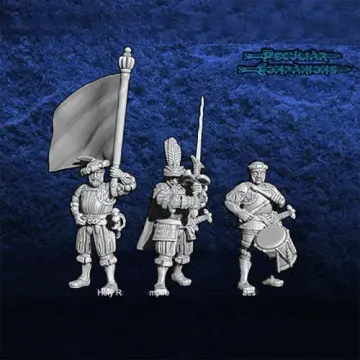 Unpainted 28mm 3D-printed Imperial command group with banner and drummer, 3 miniatures — tabletop miniatures for historical wargaming, D&D & Pathfinder
