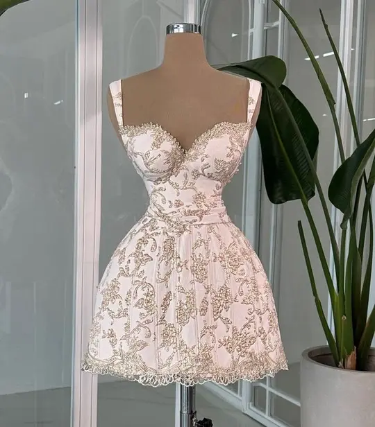 White satin suspenders printed high-end waist slimming A-line short skirt homecoming dress R4084