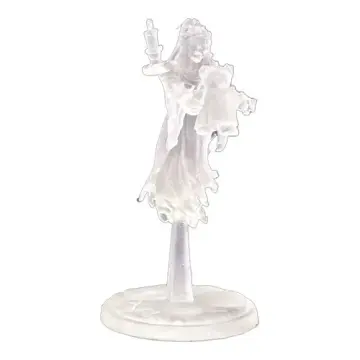 Unpainted 28mm 3D-printed hooded ghost nursemaid miniature holding a candlestick and a teddy bear in clear resin, tabletop RPG miniature for D&D, Pathfinder & wargaming