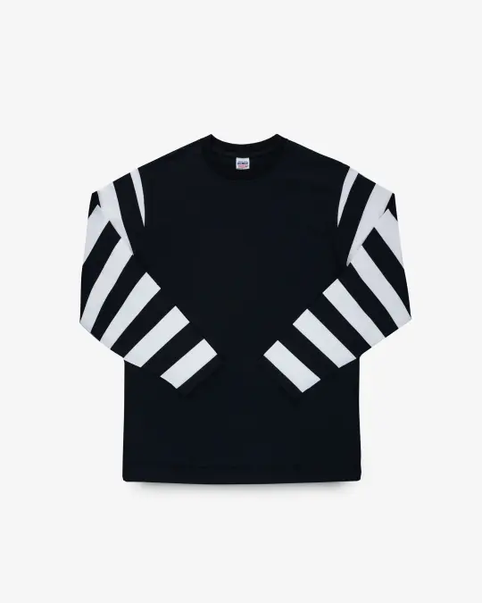 7.5oz Cotton Long-Sleeved Crew Neck Border Tee - Black Body with Striped Arms