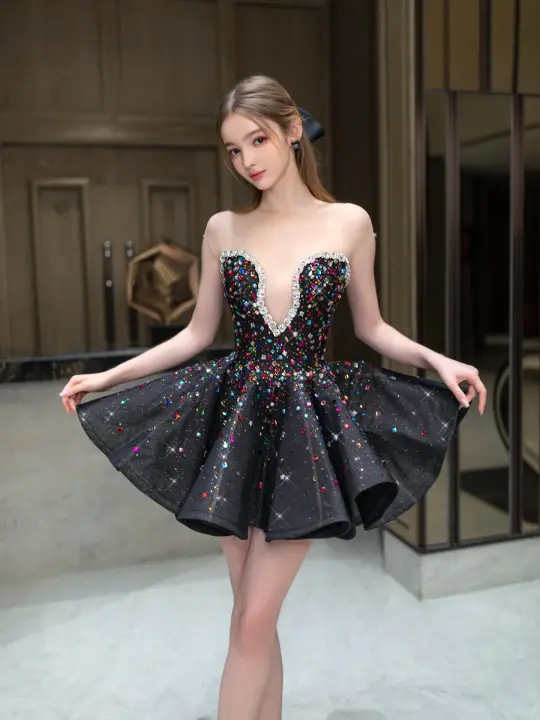 Black tube top sequined waist slim fit puffy skirt homecoming dress R4349