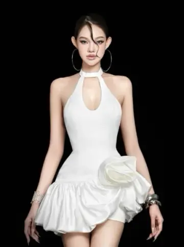 White halter neck hollow waist slim short irregular skirt dress homecoming dress R4890