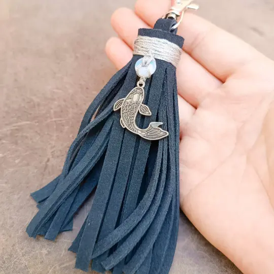 Koi Fish Moonstone Tassel Bag Charm | Handmade Suede Keychain