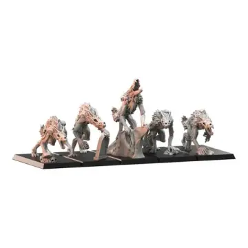 Unpainted 32mm 3D-printed undead dire wolf pack with exposed ribs, one howling from a rock, tabletop wargame and RPG miniature for D&D, Pathfinder and rank and flank armies