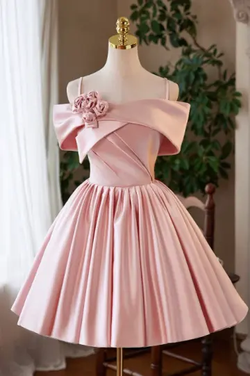 Sweet Pink A-Line Spaghetti Straps Applique Corset Mini Birthday Dress Homecoming Dress RS582