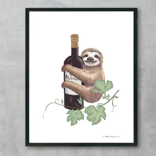 Sloth Hugging Wine Bottle Fine Art Print