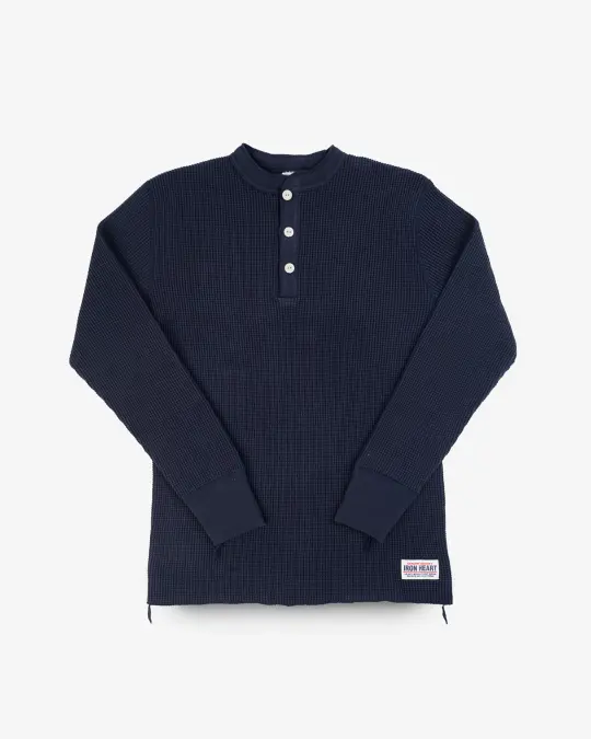 Waffle Knit Long Sleeved Thermal Henley - Navy