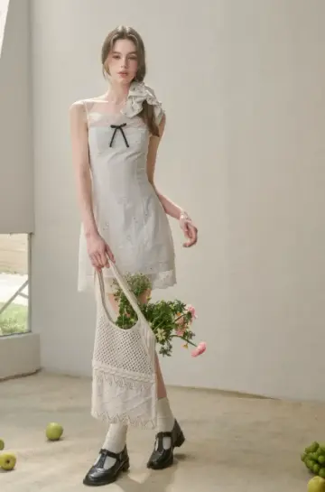 Preppy White Eyelet Lace Dress with Spaghetti Straps and Bow Detail R9266
