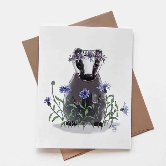 Badger With Wild Flowers Greeting Card