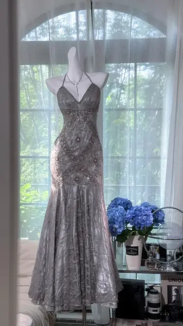 Grey halter-neck rhinestone-embellished fitted bodycon long ball gown R7611