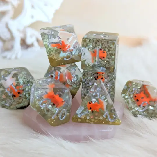 Fancy Goldfish Dirty Pond Dice Set – 8 or 12-Piece Resin DnD Dice with Mini Fish | Fennek & Finch