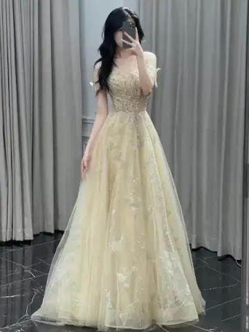 Gentle Pastel Yellow Prom Gown , Beaded Glitter Corset Maxi Evening Dress RS1495