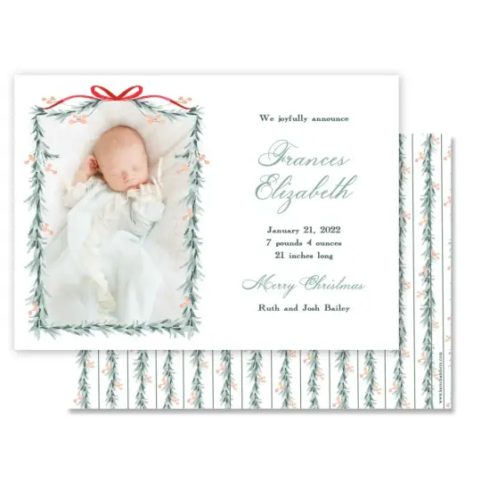 Watercolor Red Ribbon with Peach Berry Pine Garland Landscape Holiday Card / Birth Announcement
