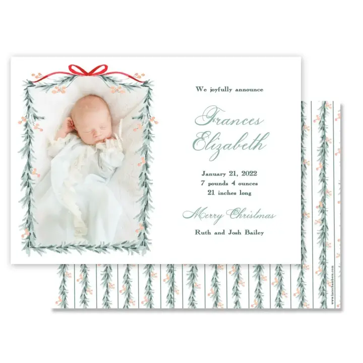 Watercolor Red Ribbon with Peach Berry Pine Garland Landscape Holiday Card / Birth Announcement