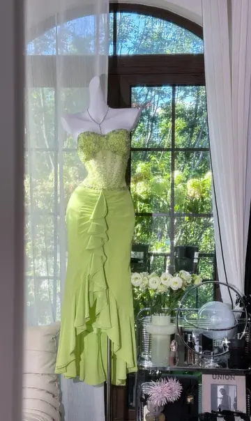 Light green strapless, fitted waist, rhinestone-embellished, sexy long ball gown R7745