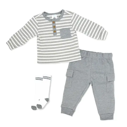Baby Mode Baby Boys 3 Piece Gray Stripe Terry Jogger Set, 3-6M