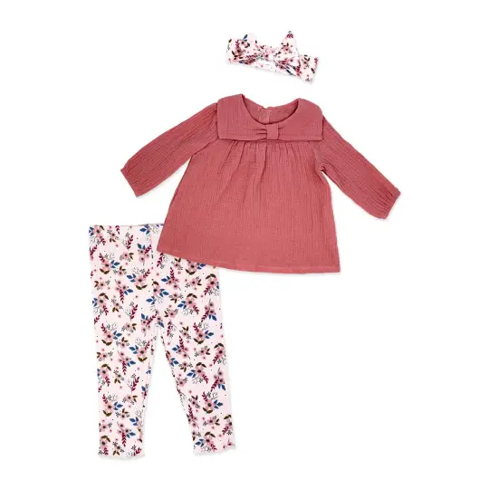 Baby Mode Baby Girls 3 Piece Pink Floral Breezy Smock Top, Leggings and Headband Set, 0-3M