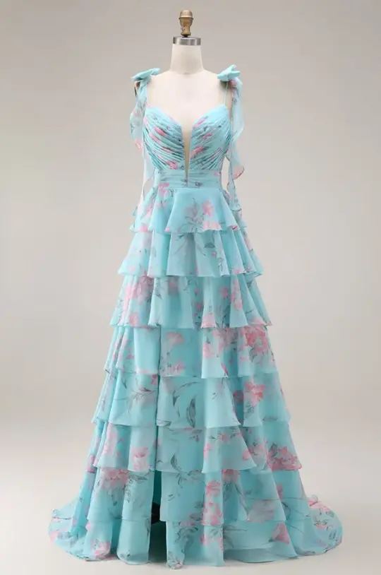 Elegant Baby Blue Prom Dress ,A-Line Spaghetti Straps Frilled Corset Maxi Summer Dress RS1083