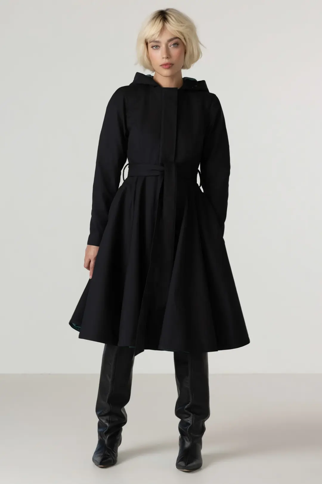 Fit and Flare Coat with Full Circle Skirt in Black with Emerald Green | Deep Emerald