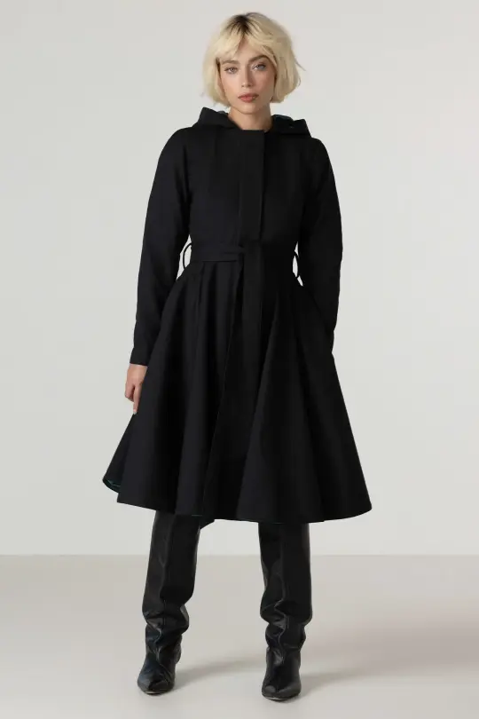 Fit and Flare Coat with Full Circle Skirt in Black with Emerald Green | Deep Emerald