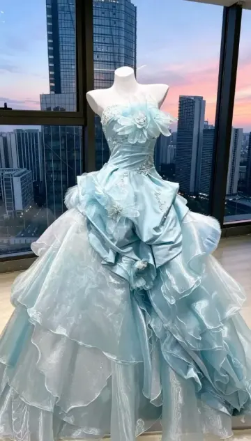 Embroidered Puffy Pleated Corset Prom Gown , Blue Women's Maxi Evening Dress Quinceanera Dress RS2377