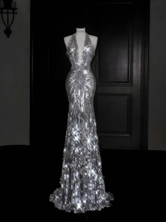 Silver sequined halter neck slim waist hip-hugging maxi skirt, prom dress R5688
