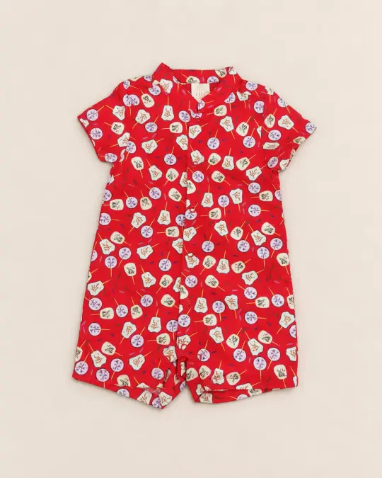 Mandarin-collared Romper - Red Fans