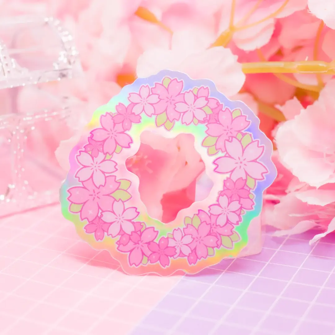 Cherry Blossom Wreath / Ring - holographic vinyl sticker