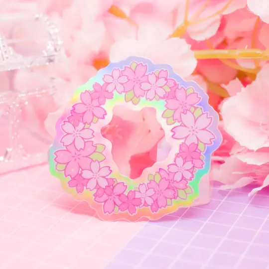 Cherry Blossom Wreath / Ring - holographic vinyl sticker