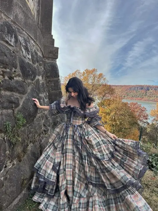 Retro Puff Sleeves Women's Prom Gown Plaid Waist Fitted Maxi Evening Dress Birthday Dress — Fall Outfit 2026 New  RS3305
