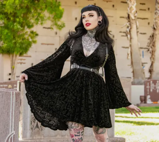 Nyx Bell Sleeve Velvet Damask Dress - Gothic Witch Dress - Dark Academia Fashion
