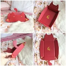 Cat Dice Tray in Burgundy | Foldable PU Leather Rolling Tray for DnD