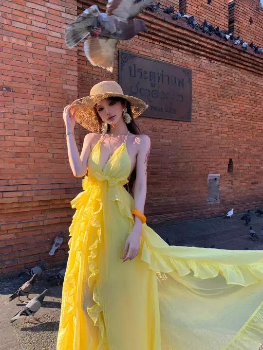 Dopamine Yellow Halter Neck Flowy Long Dress R9113