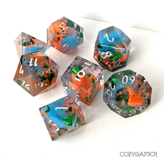 Wizard Robes Sharp Edge Dice Set – 7-Piece Blue Orange Cloud DnD Dice