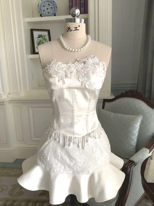 White lace tube top waist satin splicing ruffled skirt short skirt homecoming dress R4148