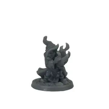 Unpainted 32mm 3D-printed pointed-hatted gnome warlock with sculpted flame curling up around him — tabletop RPG miniature for D&D, Pathfinder & wargaming