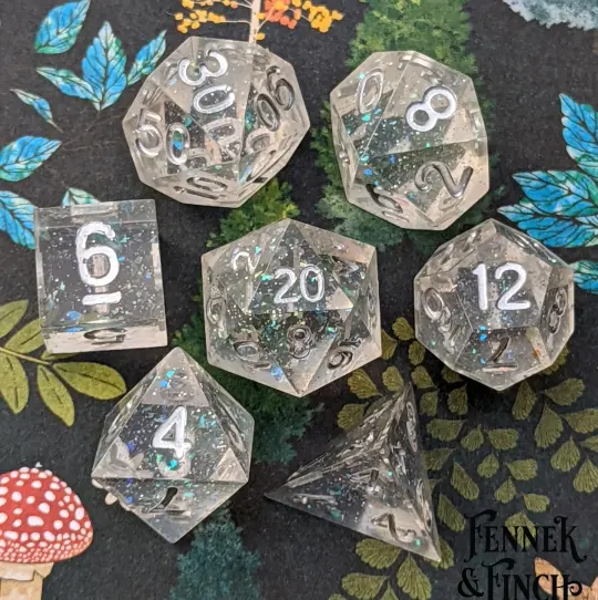 Ice Palace Sharp Edge Dice Set – 7-Piece with Opal Flakes | Fennek & Finch