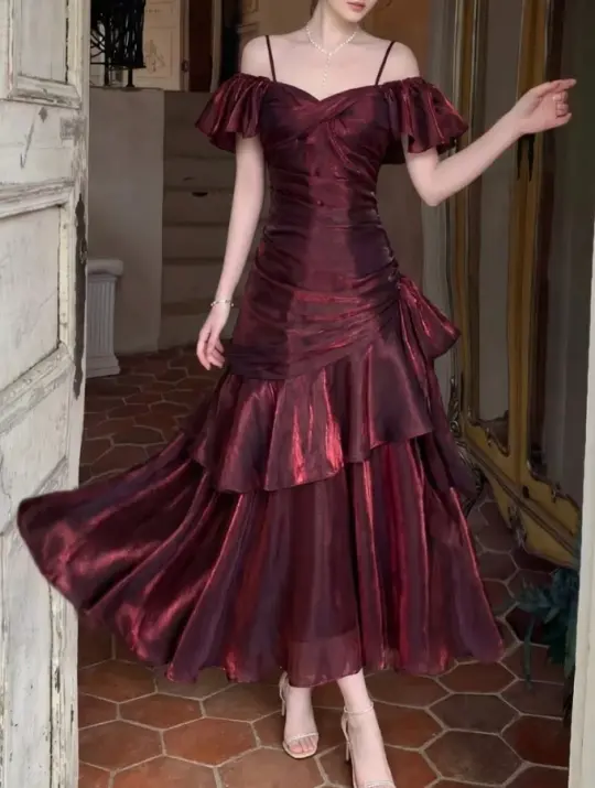 Ruffled Flowy Satin Corset Prom Gown ,  Sparkly Burgundy Maxi Evening Dress RS1841