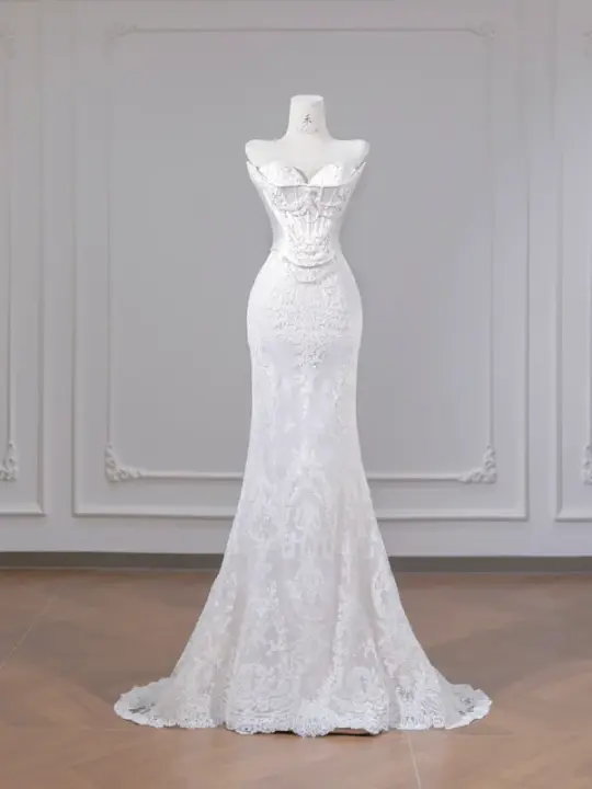 White strapless fishtail bodice, sexy bodycon skirt, long ball gown R8265