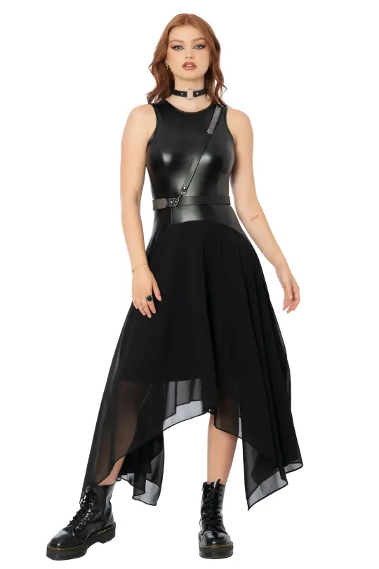 Black Sheer and Solid Handkerchief Racer Dress