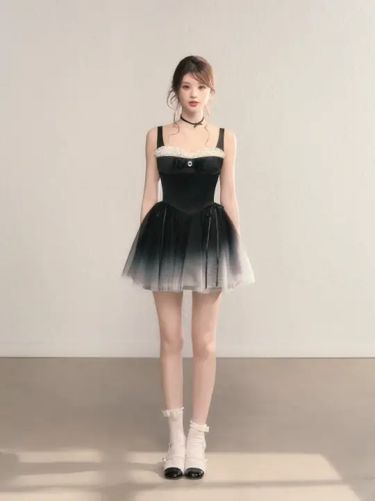 Black suspender gradient waist slim A-line short skirt homecoming dress R5412